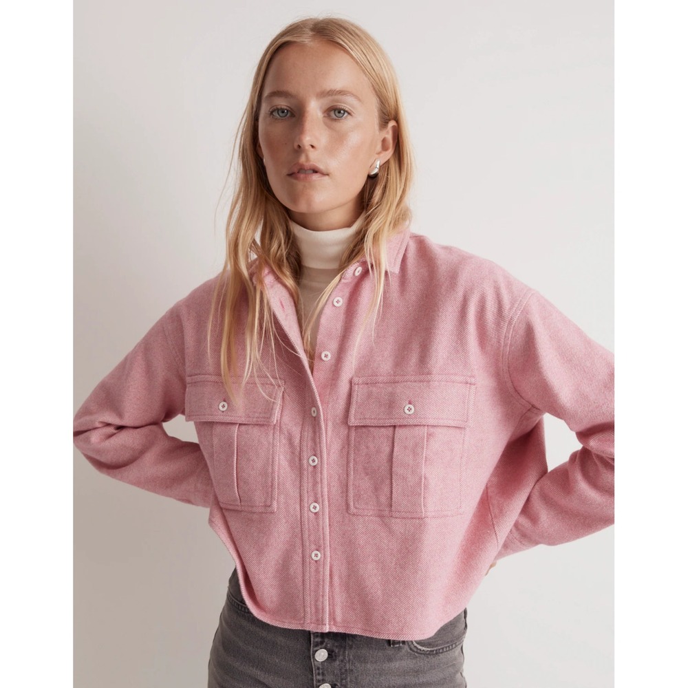 Madewell Size M Cropped Flannel Cargo Button Up Shirt 100% Cotton Pink Melange